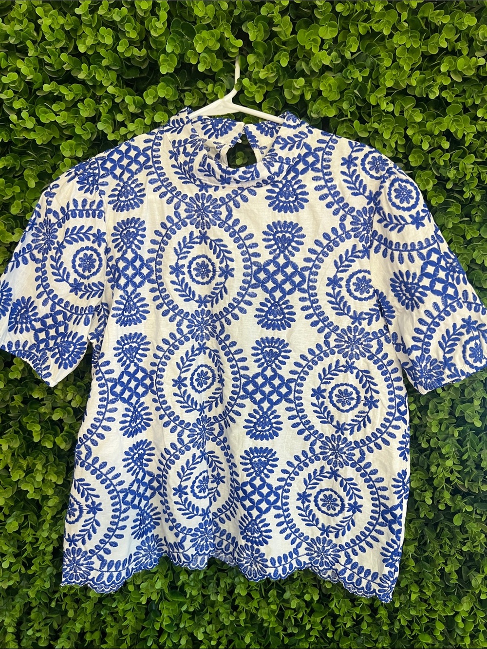 Blue and White Embroidered Short Sleeve Top